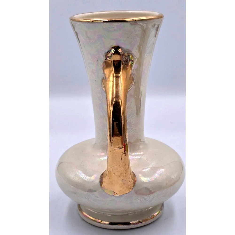 22KT Gold Trim Vintage Pearl China Co Iridescent Lusterware Vase Double Handlled